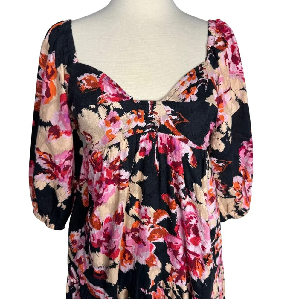 Anthropologie 100% Cotton Boho‎ Black Floral Pink Maxi Dress Balloon Sleeve